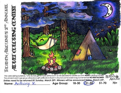 2016 ULTIMATE COLORING CHAMPION -- COLORED PAGE WITH TENT, CAMPFIRE, & HAMMOCK