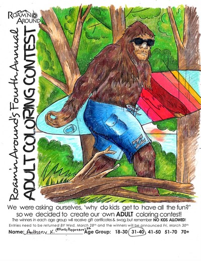 2018 ULTIMATE COLORING CHAMPION -- COLORED PAGE WITH SASQUATCH IN THE WOODS