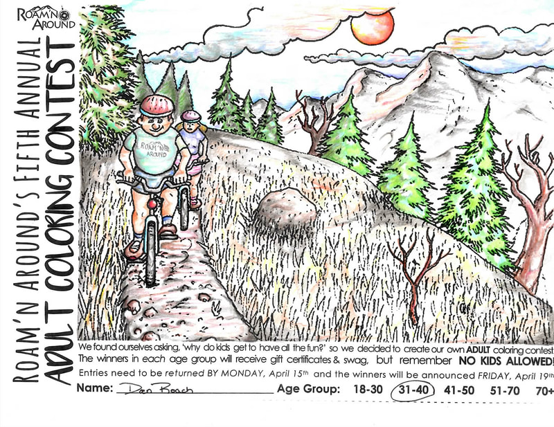 2019 ULTIMATE COLORING CHAMPION -- COLORED PAGE WITH  BIKE RIDERS IN HILLS WITH TREES