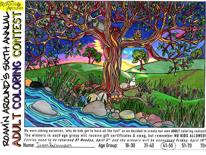 2020 ULTIMATE COLORING CHAMPION -- COLORED PAGE WITH STREAM, TREE, ANIMALS, AND ROLLING HILLS