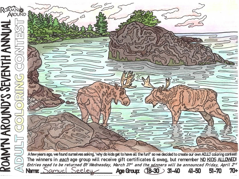 2021 ULTIMATE COLORING CHAMPION -- COLORED PAGE WITH STREAM, TREES, ROCKS, AND MOOSE