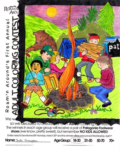 2015 ULTIMATE COLORING CHAMPION -- COLORED PAGE WITH PEOPLE AROUND CAMPFIRE, TENTS, & BEAR